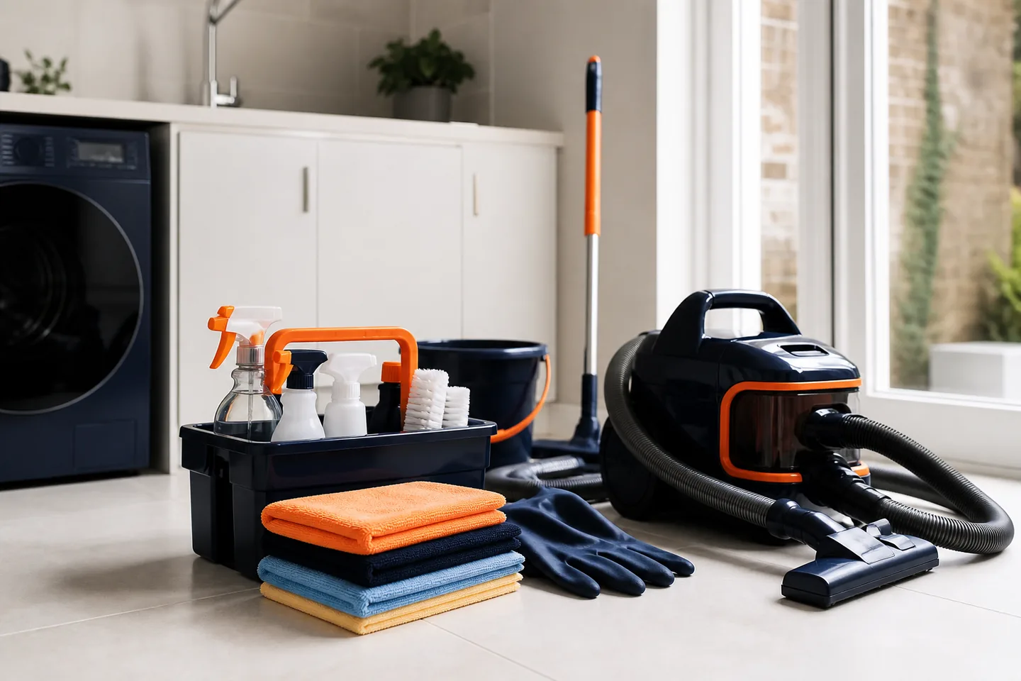Professional cleaner organising equipment for an end of tenancy clean in North Finchley N12