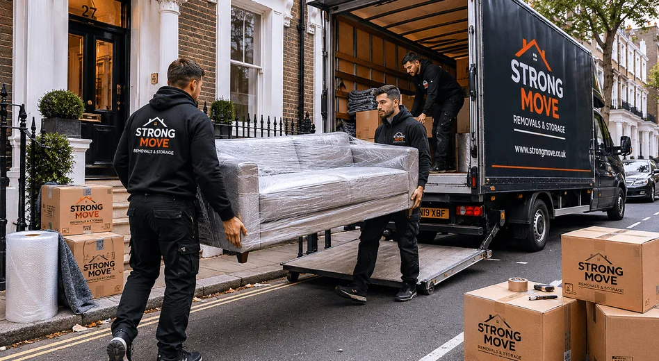 Strong Move branded movers preparing protected furniture during a London removal