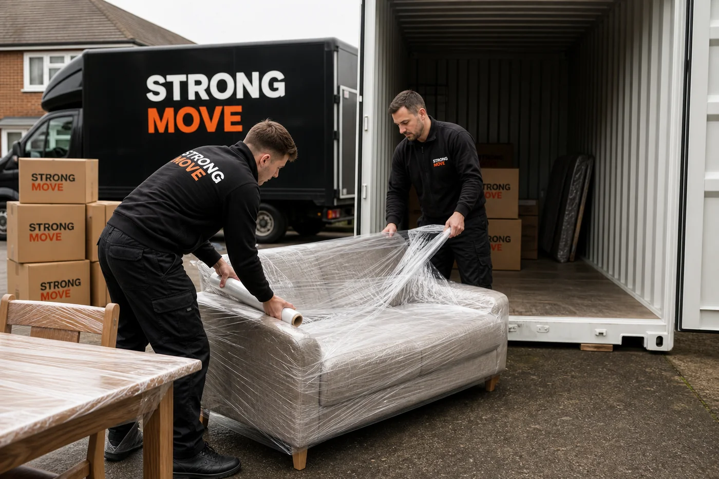 Strong Move branded movers preparing protected furniture during a London removal